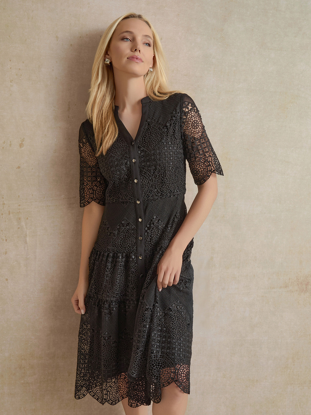 A-Line Tiered Laced Woven Midi Dress