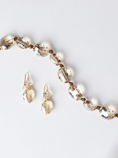 Champagne Crystal Woven Leather Necklace