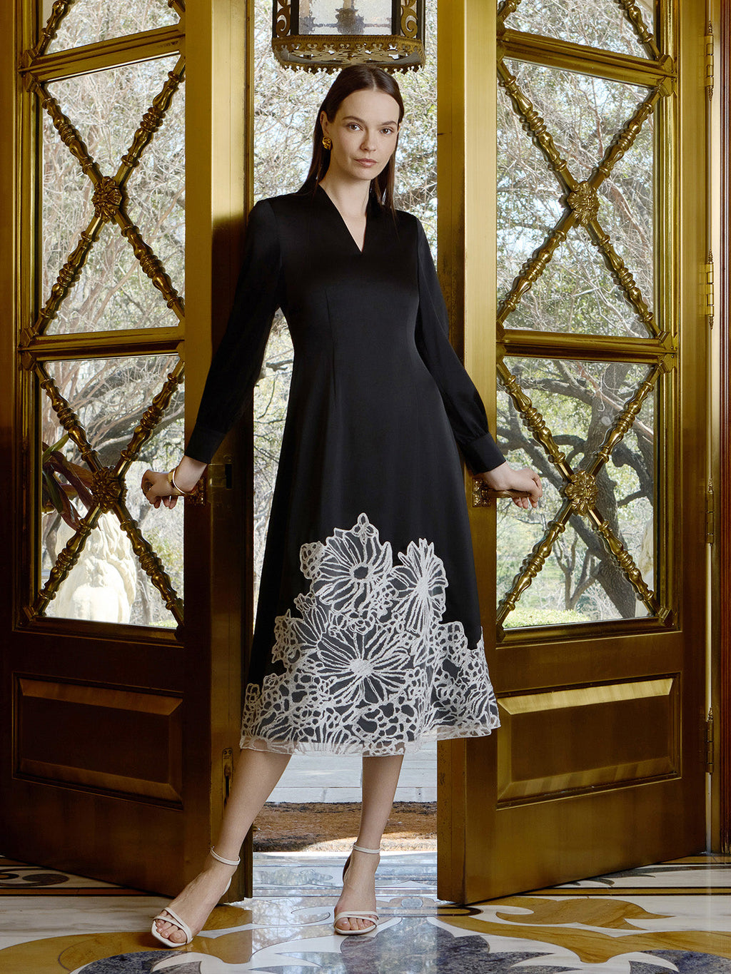 Fit & Flare Lace Crepe de Chine Maxi Dress