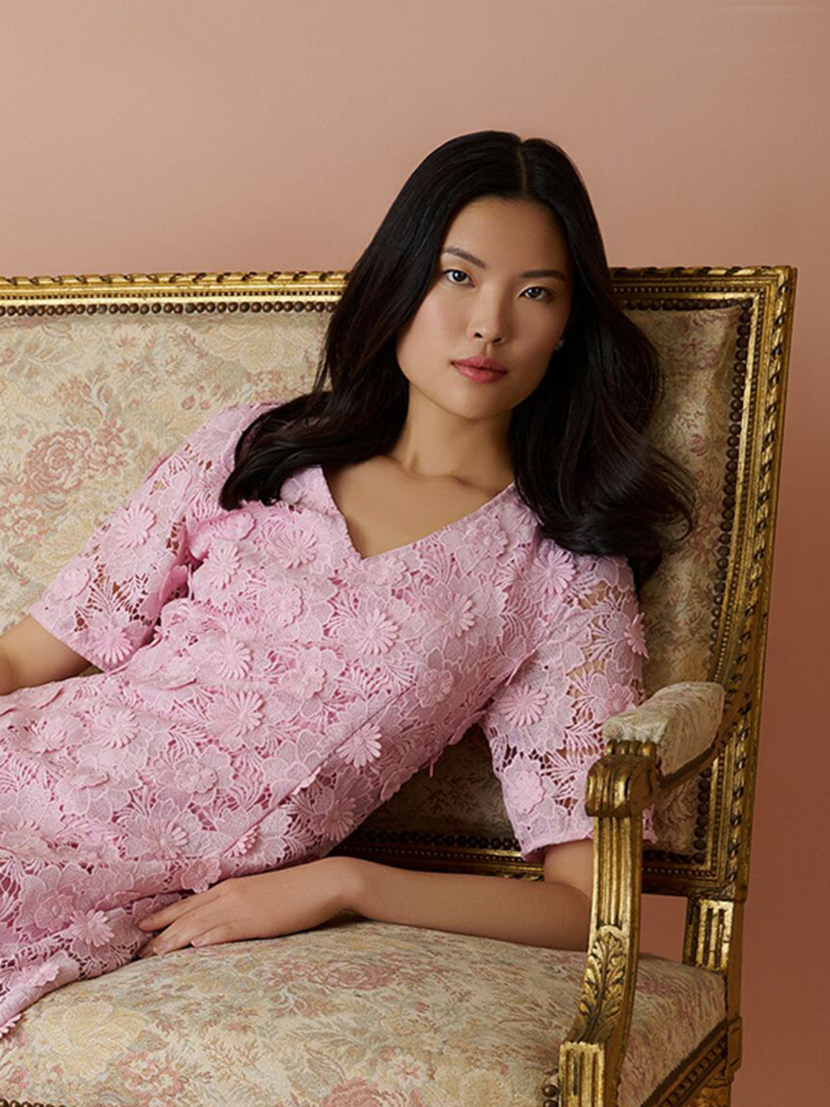 Lined Floral Lace Applique Woven Midi Dress
