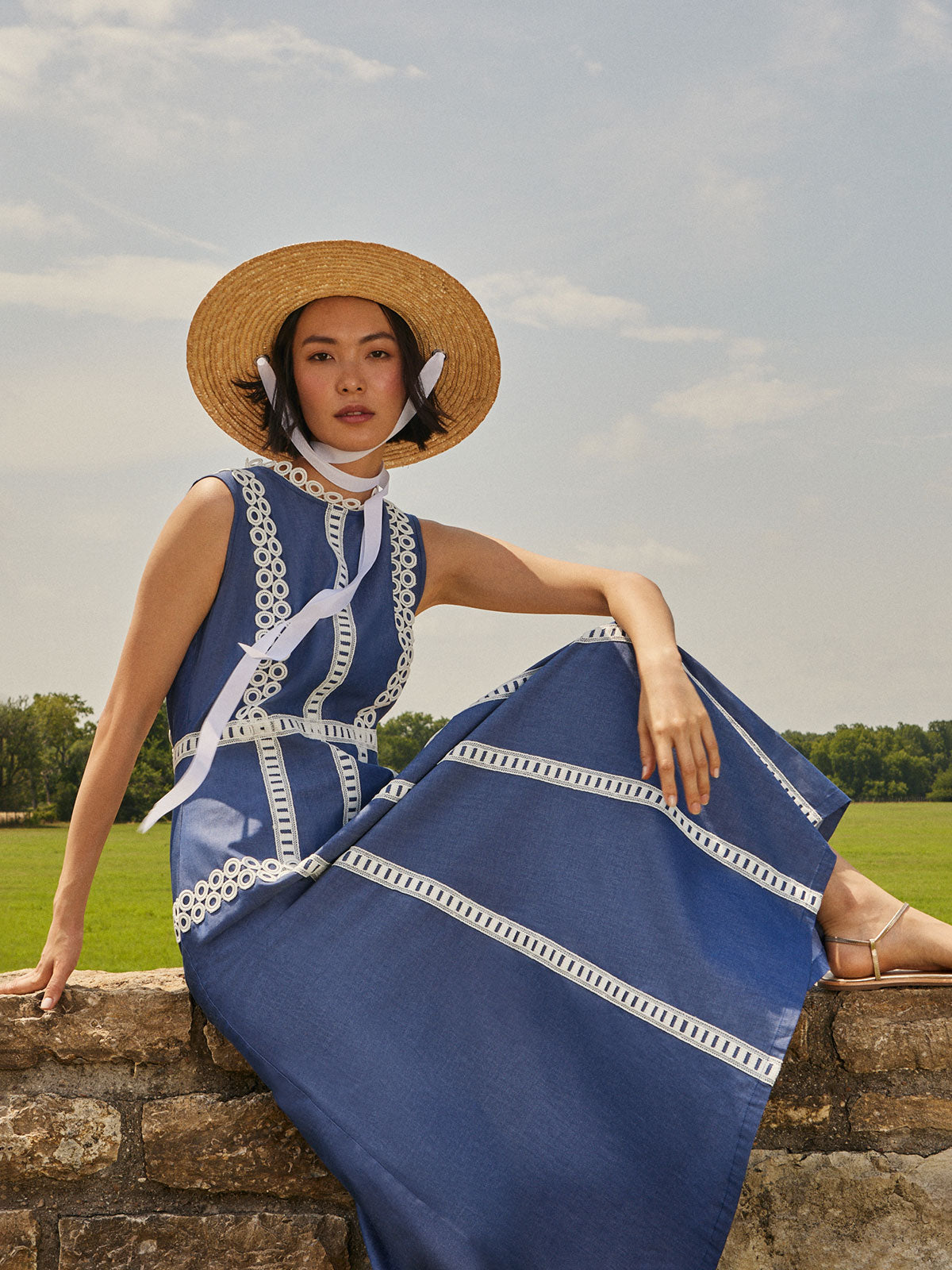 Fit & Flare Cotton Eyelet Trim Maxi Dress