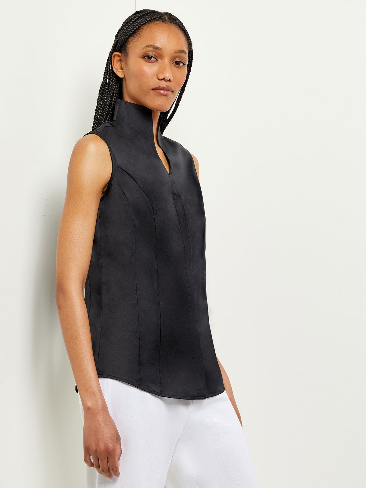 Sleeveless Stretch Cotton Blouse, Black - True Fit