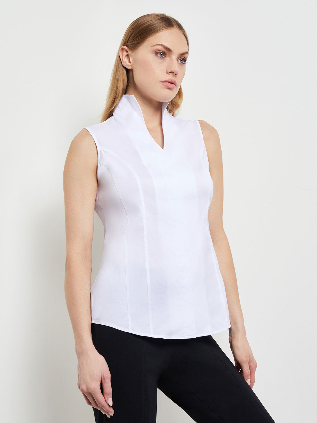 Sleeveless Stretch Cotton Blouse, White - True Fit