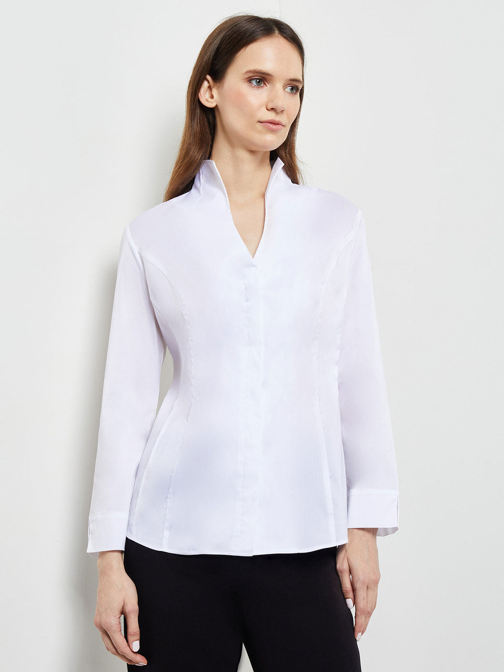 Hi-Neck Stretch Cotton Blouse, White - True Fit