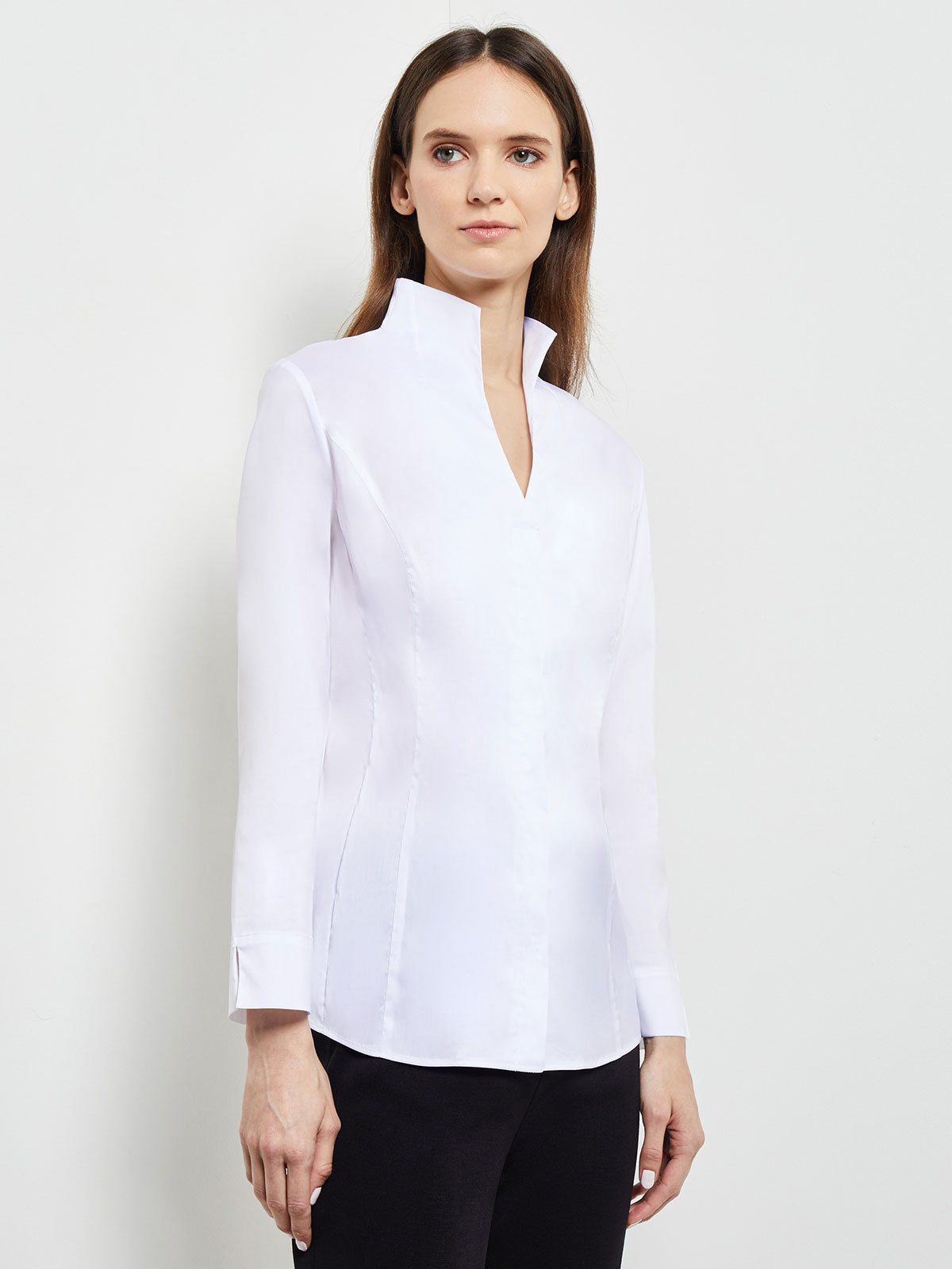 Hi-Neck Stretch Cotton Blouse, White - True Fit