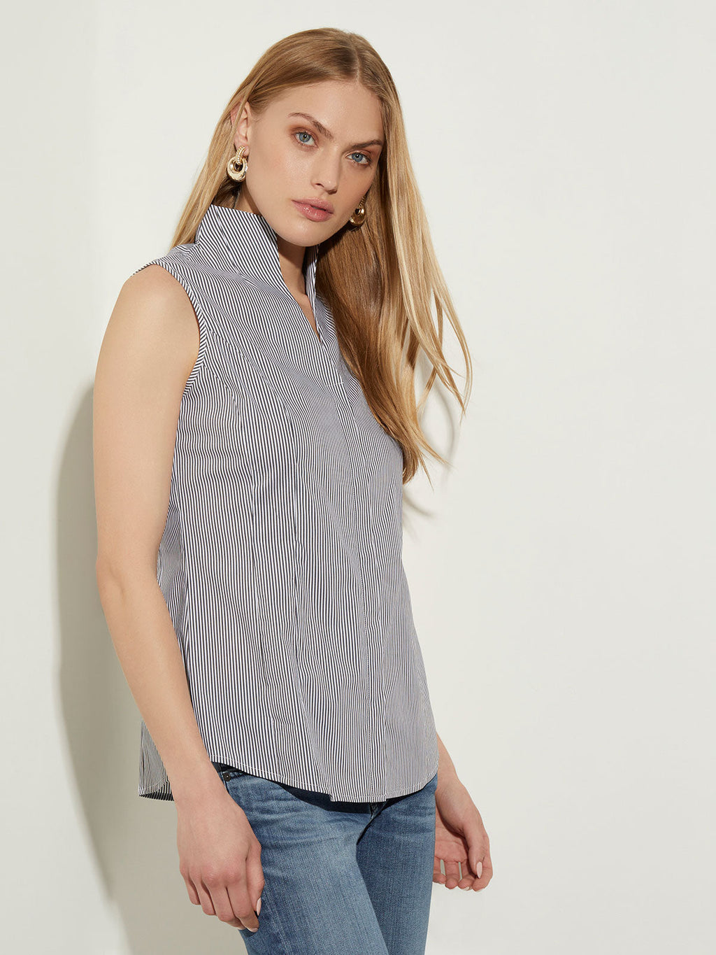 Pinstripe Sleeveless Stretch Cotton Blouse - True Fit