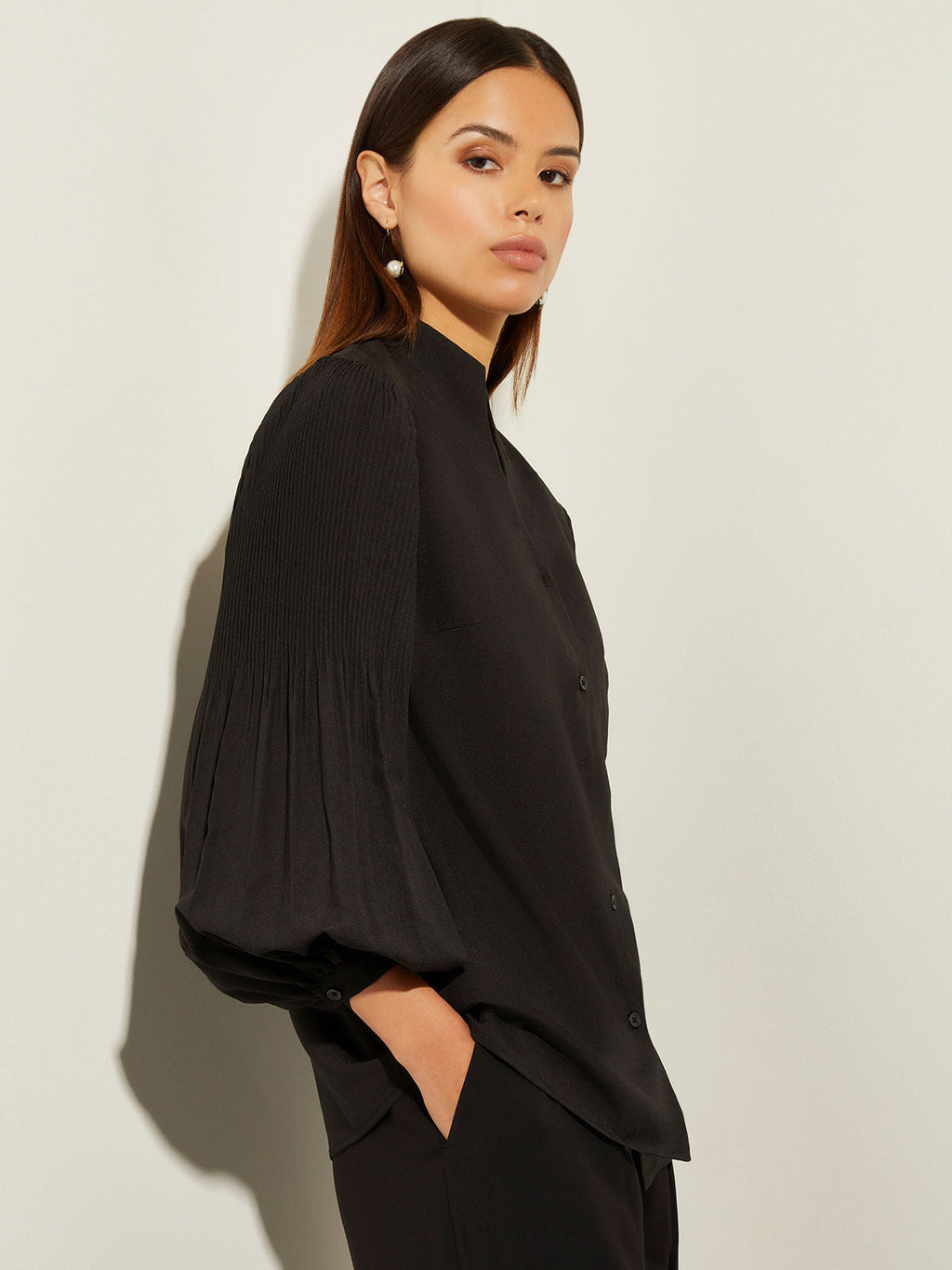 Pleated Bishop Sleeve Crepe Blouse - True Fit