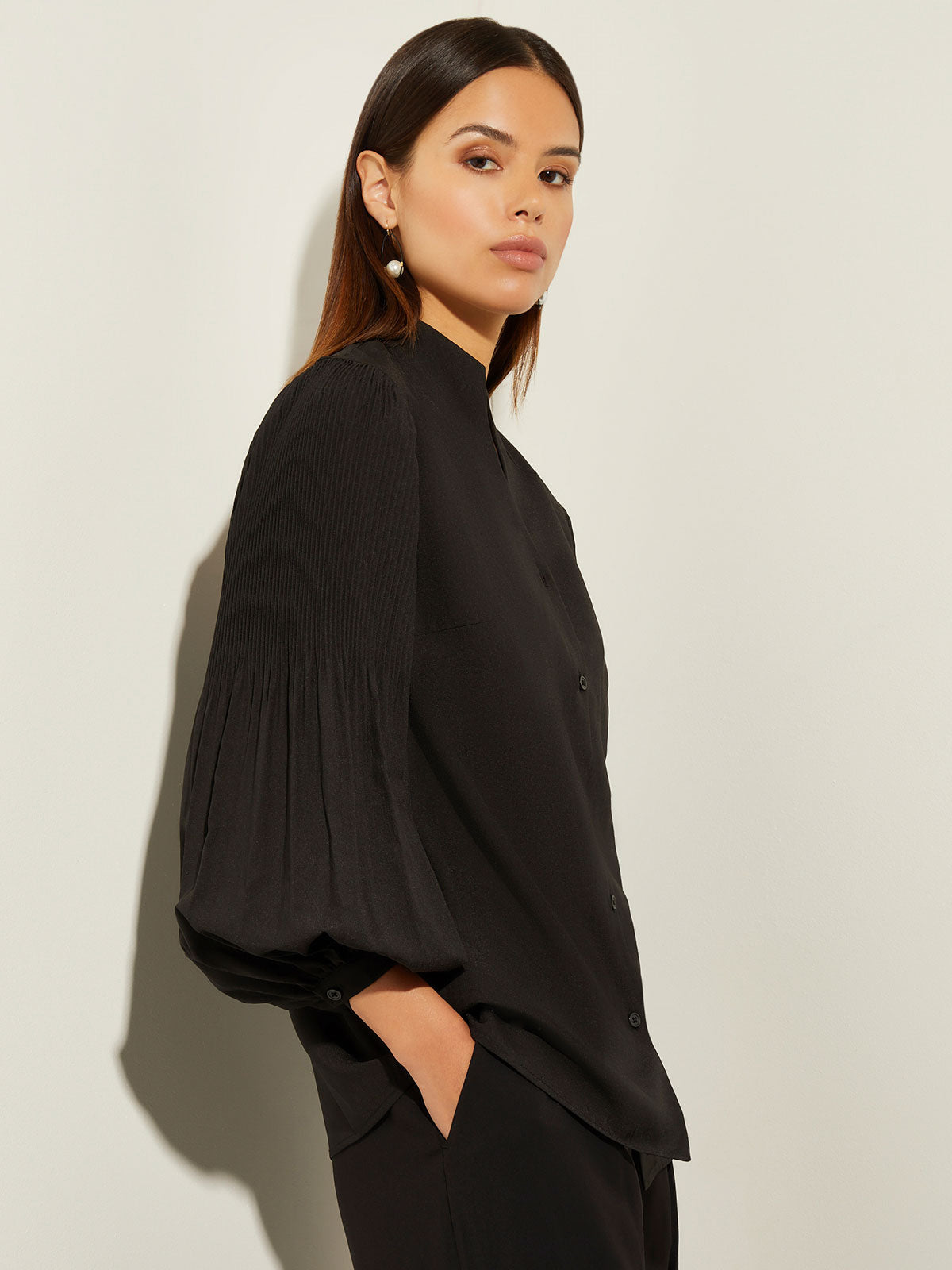 Pleated Bishop Sleeve Crepe Blouse - True Fit