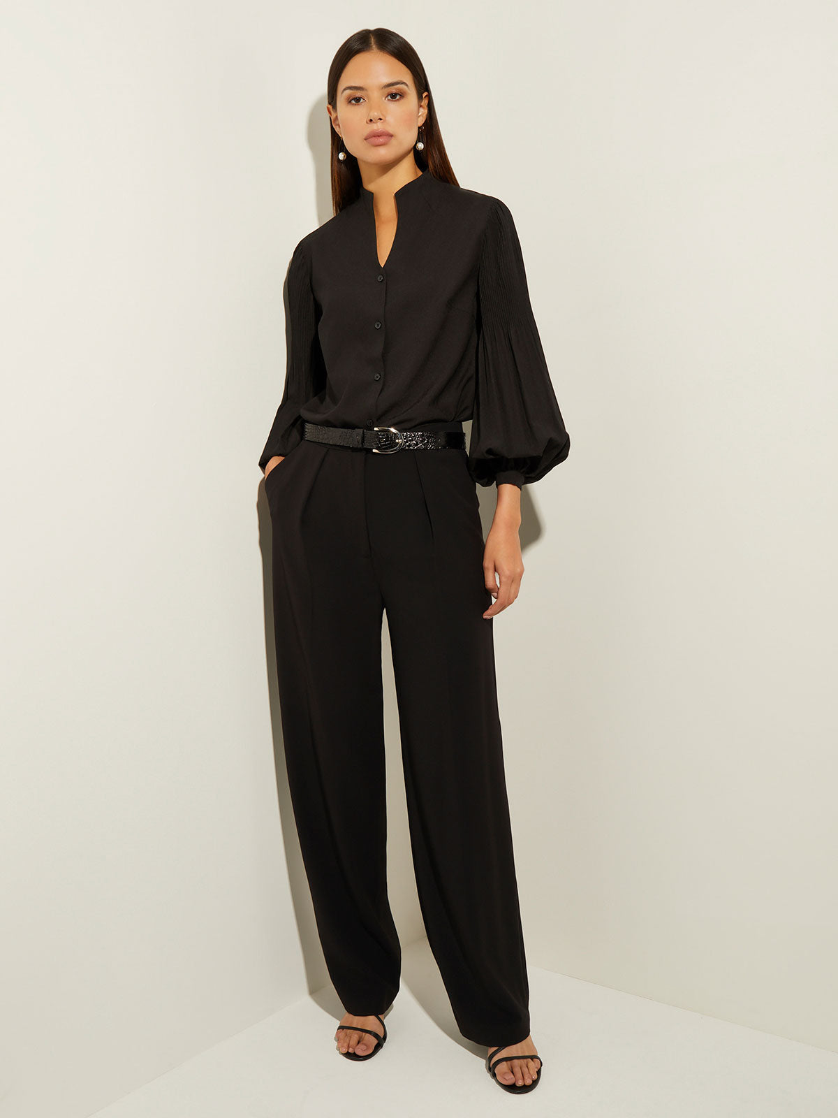 Pleated Bishop Sleeve Crepe Blouse - True Fit