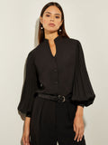 Pleated Bishop Sleeve Crepe Blouse - True Fit