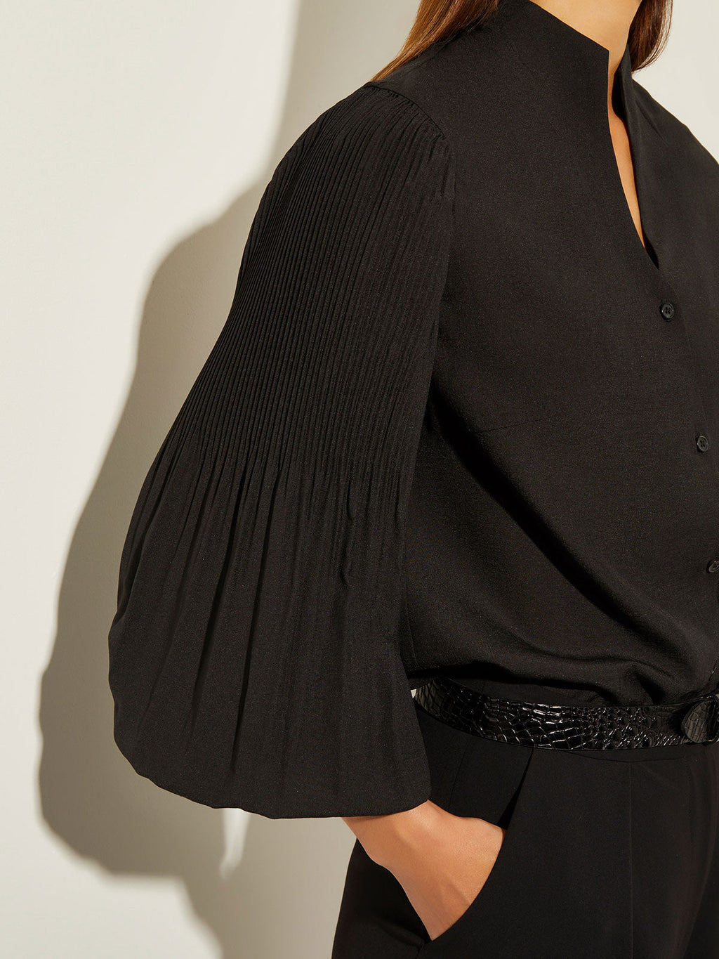 Pleated Bishop Sleeve Crepe Blouse - True Fit