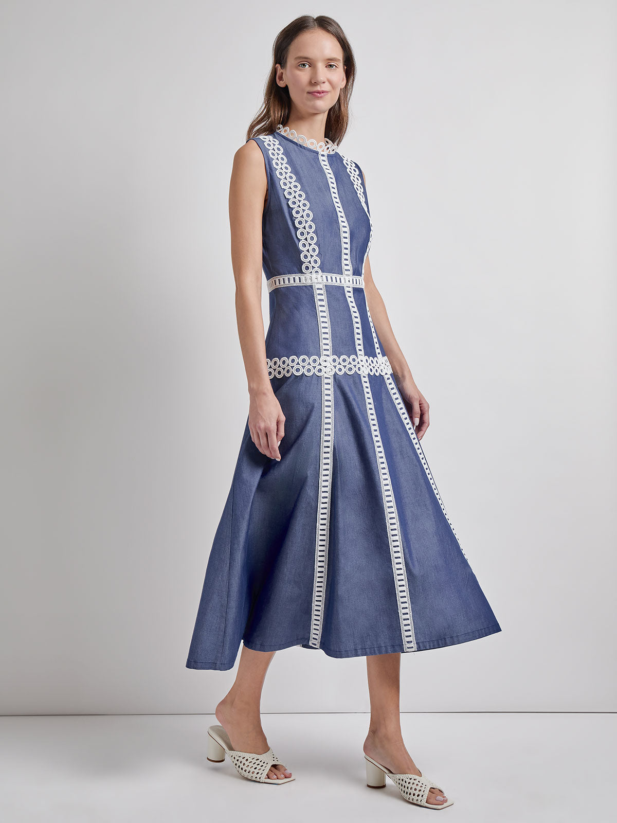 Fit & Flare Cotton Eyelet Trim Maxi Dress