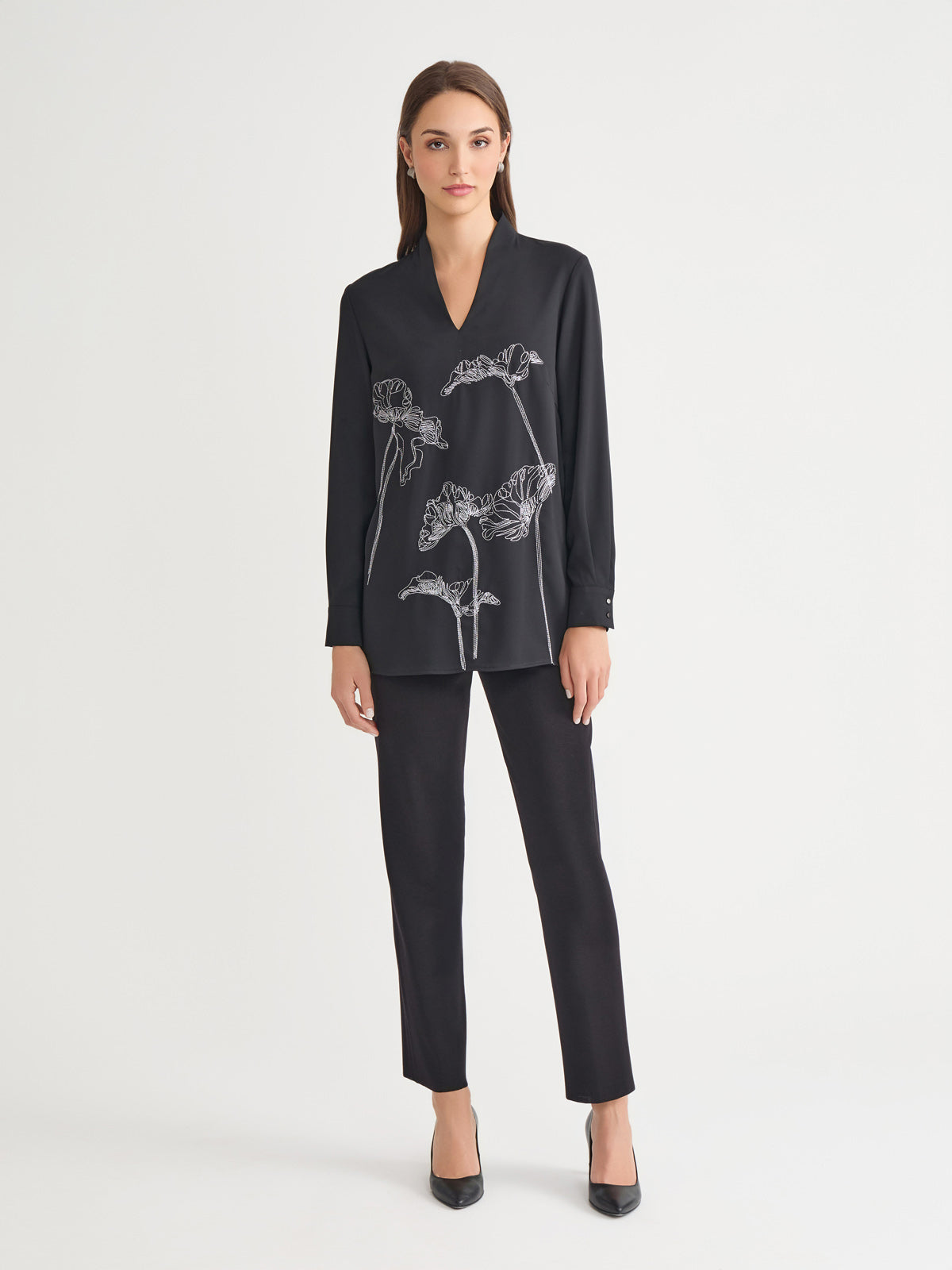 Floral Embroidered Crepe de Chine Tunic - True Fit