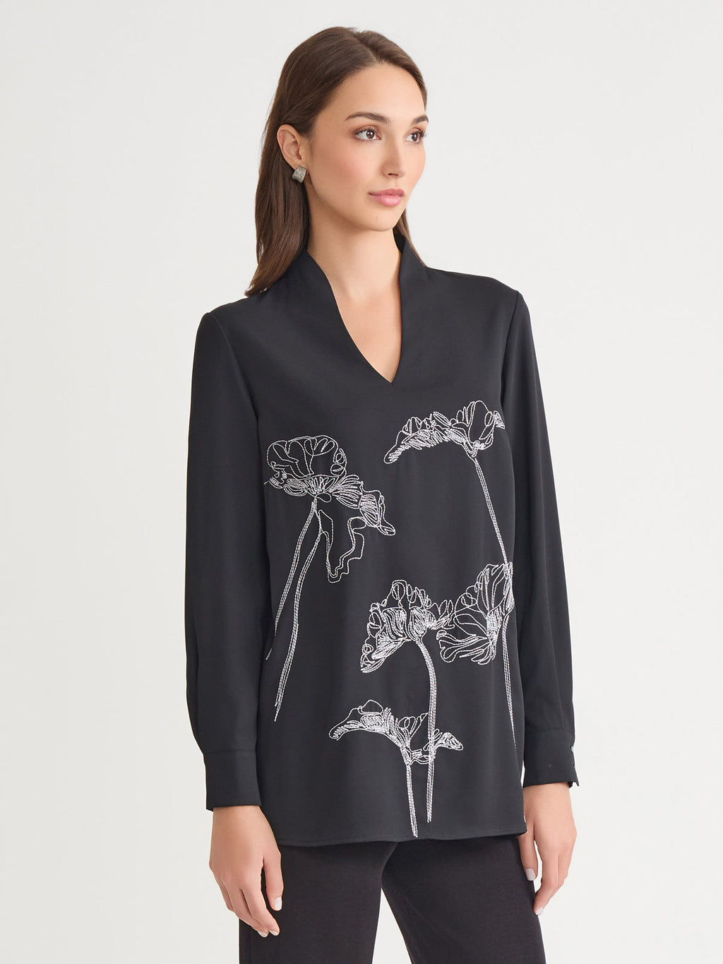 Floral Embroidered Crepe de Chine Tunic - True Fit