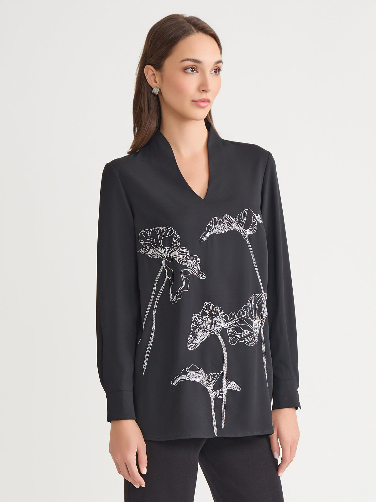 Floral Embroidered Crepe de Chine Tunic - True Fit