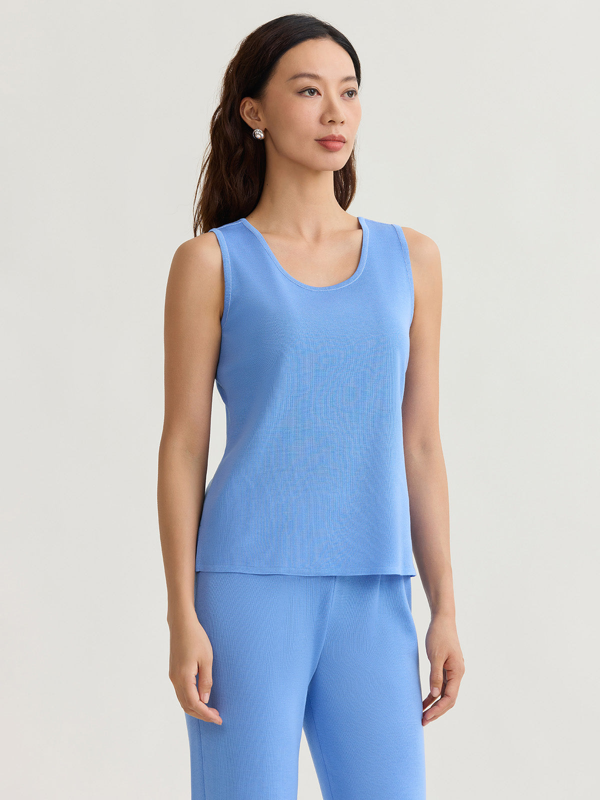 Double Scoop Neck Mylana Knit Tank, Tranquil Blue