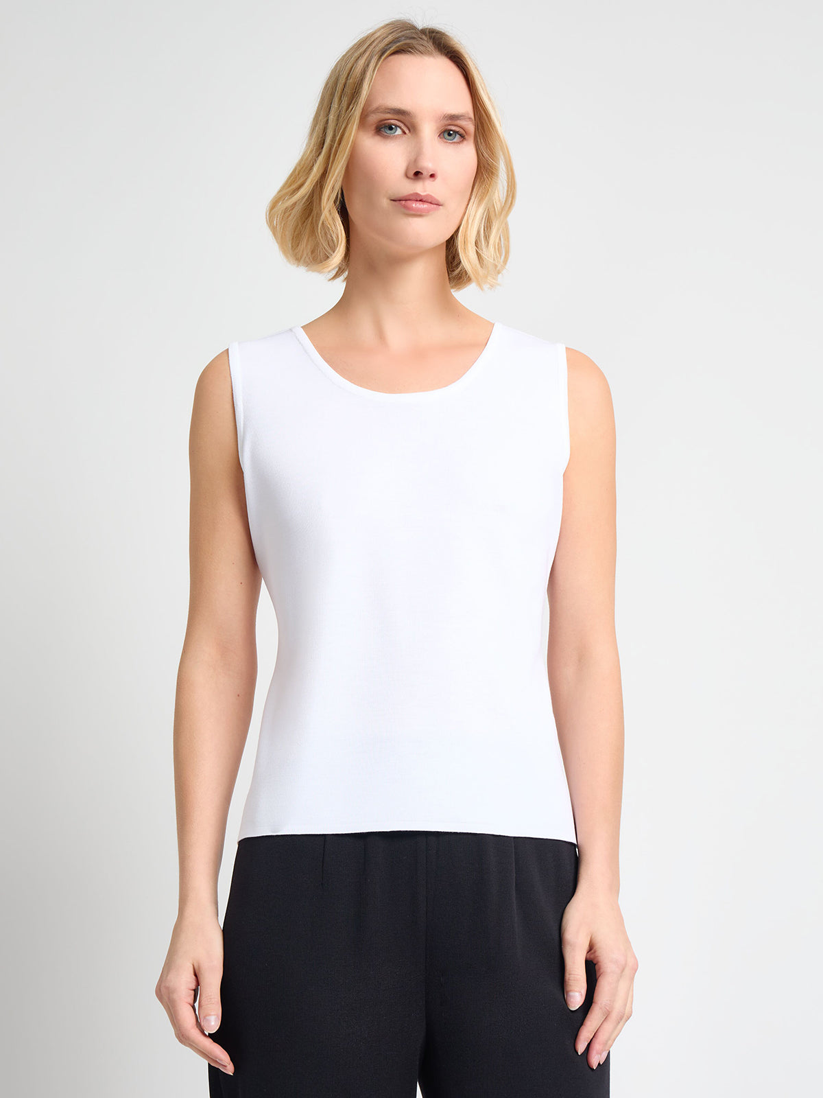 Double Scoop Neck Mylana Knit Tank, White - True Fit