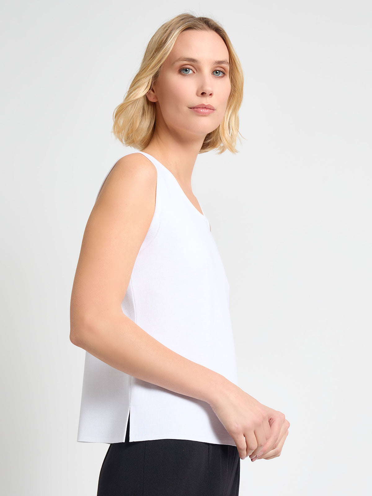 Double Scoop Neck Mylana Knit Tank, White - True Fit