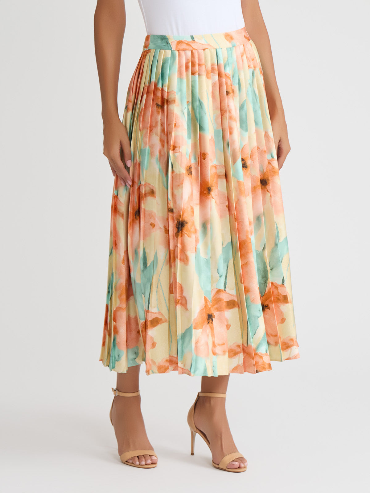 Floral Pleated Crepe de Chine Maxi Skirt