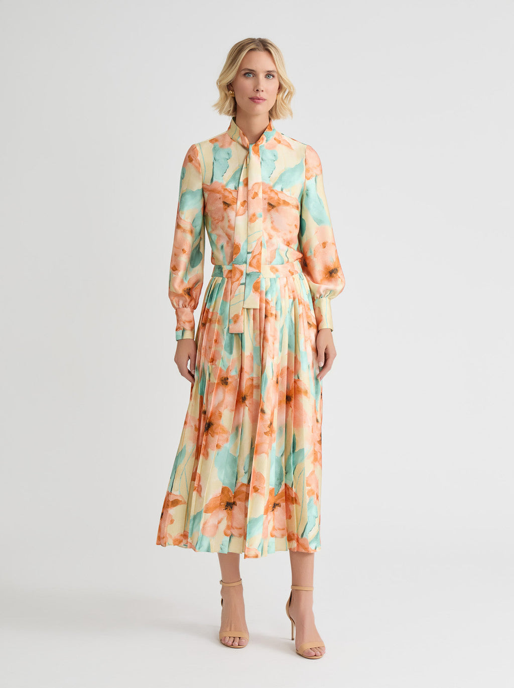Floral Pleated Crepe de Chine Maxi Skirt
