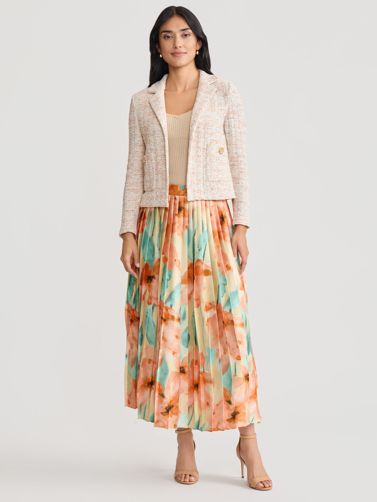 Floral Pleated Crepe de Chine Maxi Skirt