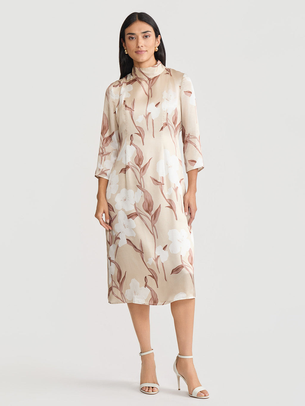 A-Line Floral Print Silk Midi Dress