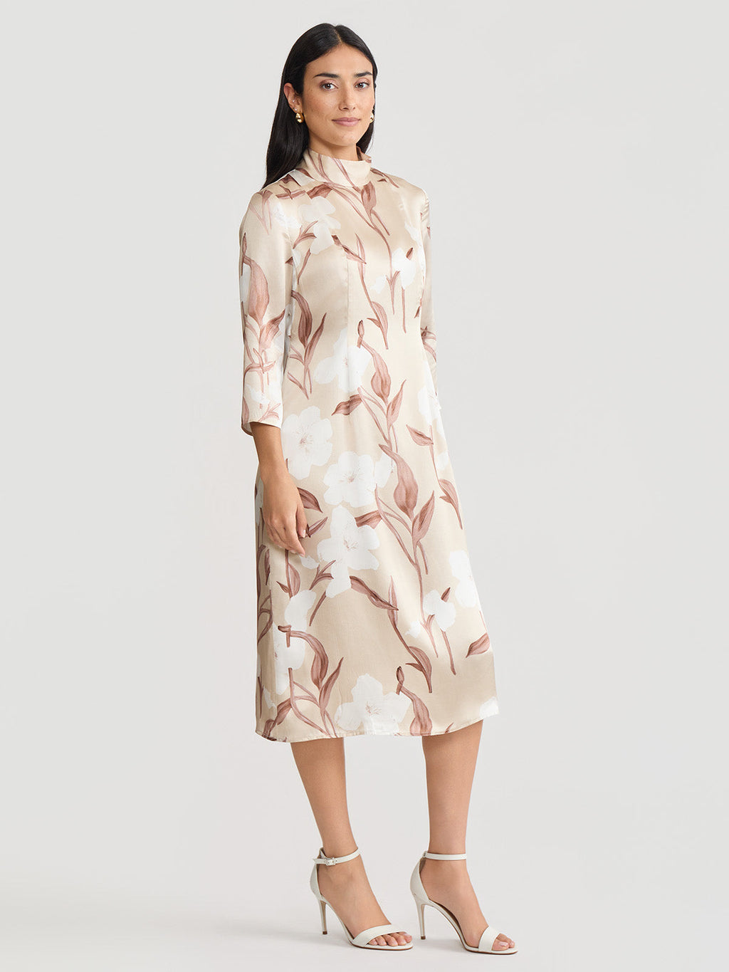 A-Line Floral Print Silk Midi Dress