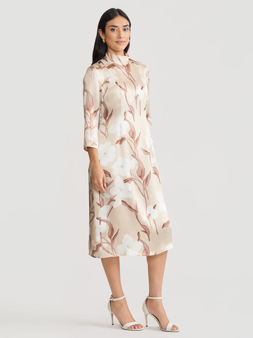 A-Line Floral Print Silk Midi Dress