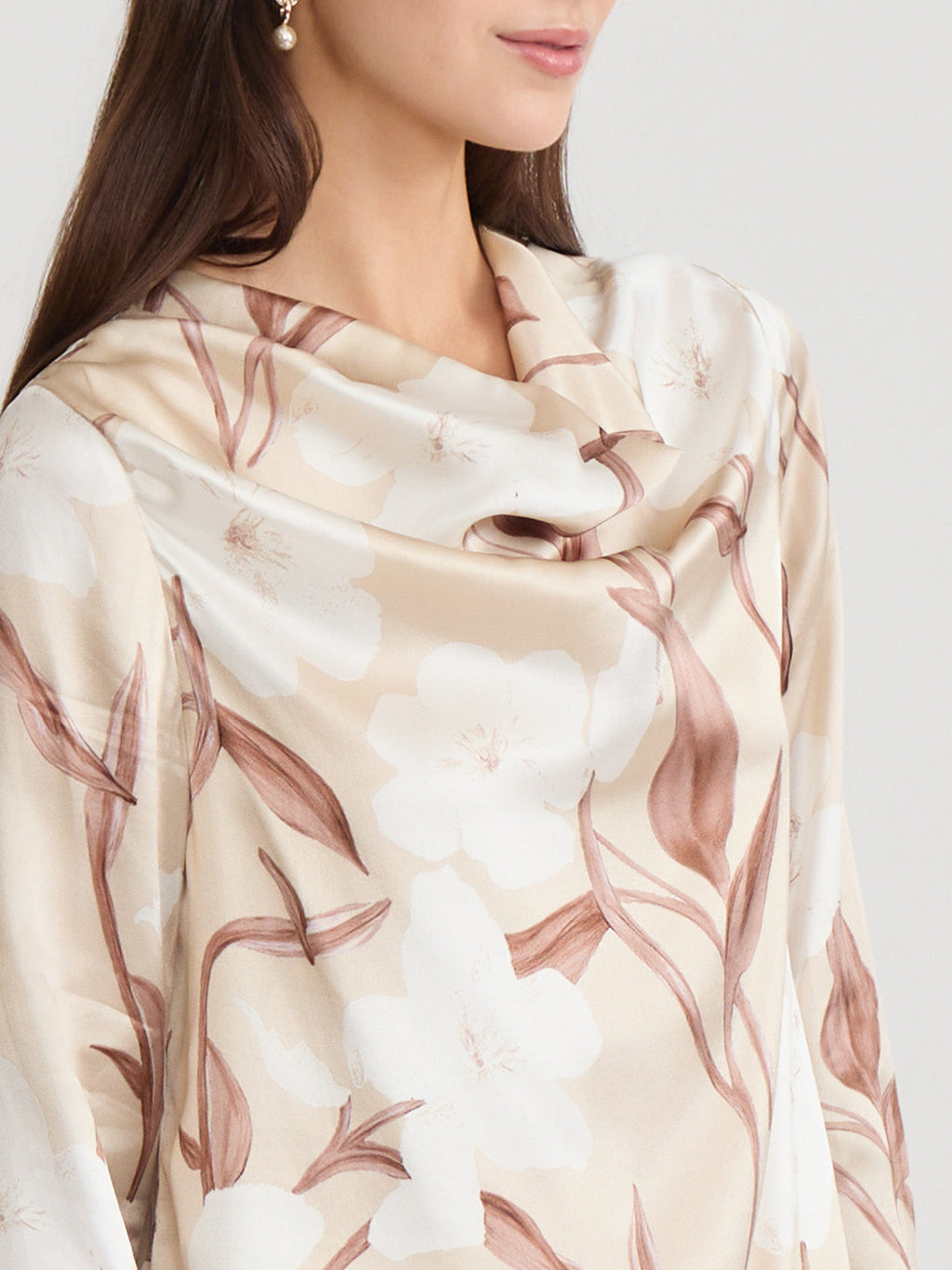 Draped Neck Floral Print Silk Blouse