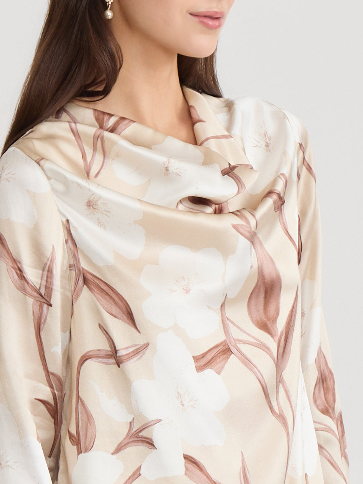 Draped Neck Floral Print Silk Blouse