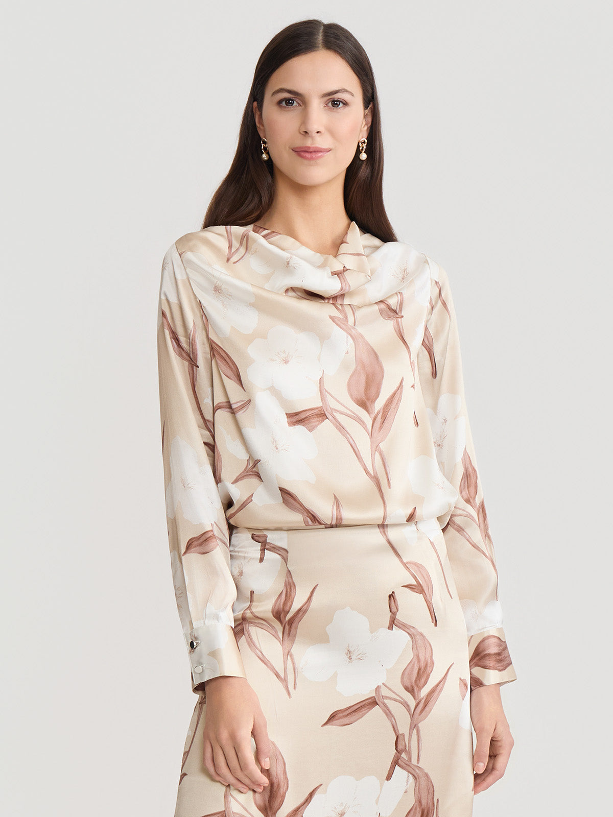 Draped Neck Floral Print Silk Blouse