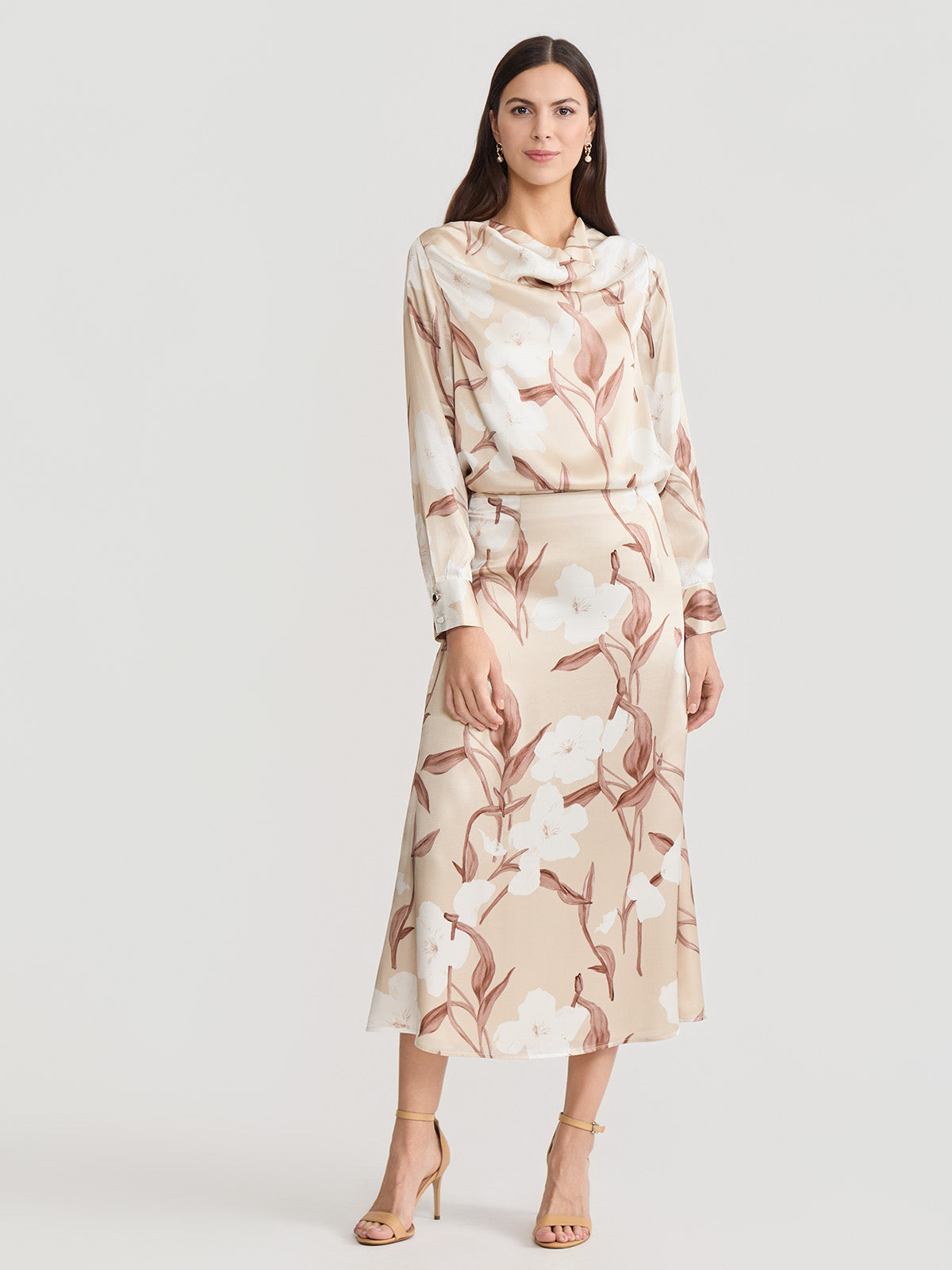 Draped Neck Floral Print Silk Blouse