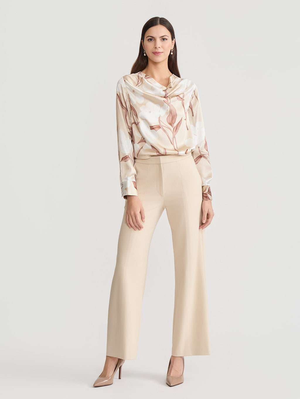 Draped Neck Floral Print Silk Blouse