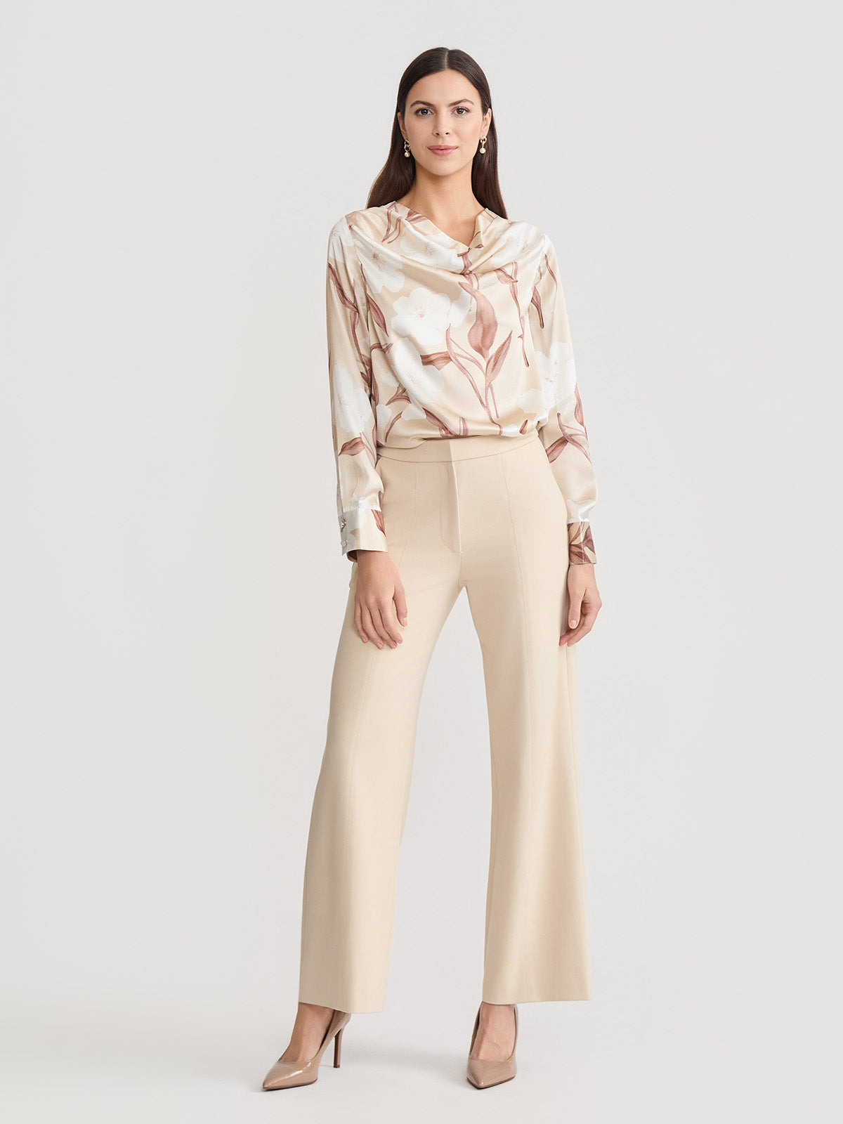 Draped Neck Floral Print Silk Blouse