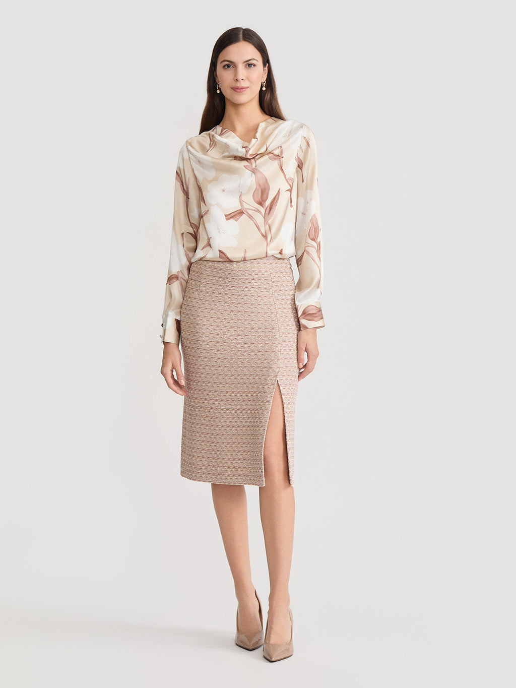 Draped Neck Floral Print Silk Blouse