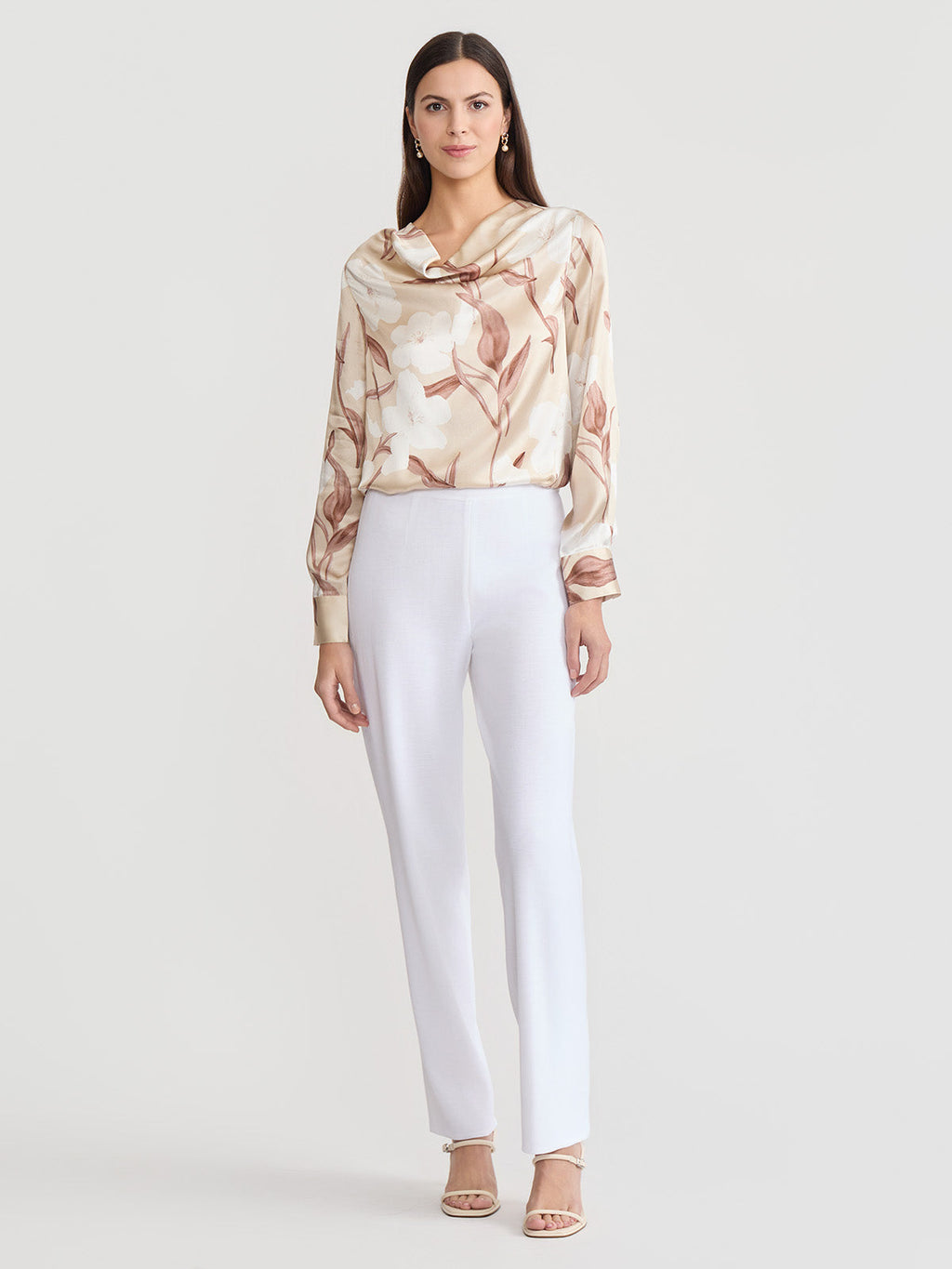 Draped Neck Floral Print Silk Blouse