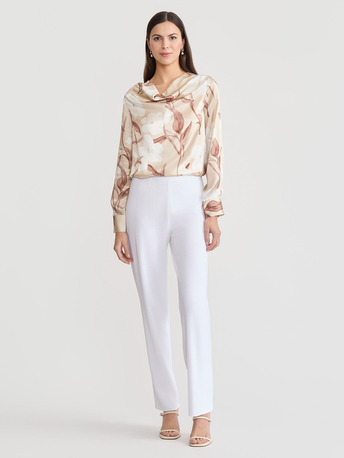 Draped Neck Floral Print Silk Blouse
