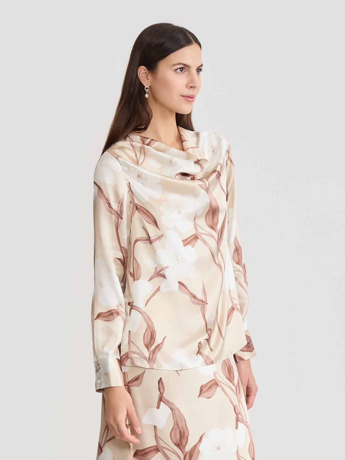 Draped Neck Floral Print Silk Blouse