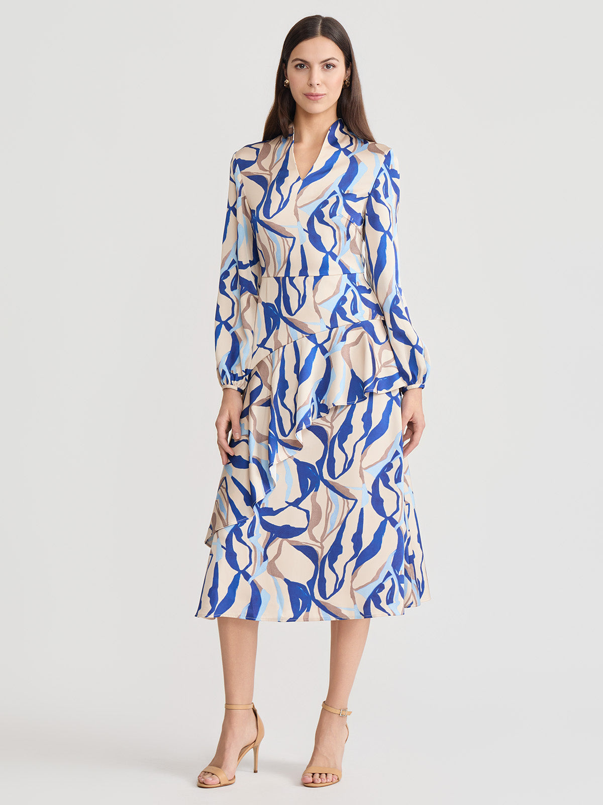 Fit & Flare Printed Crepe de Chine Ruffle Maxi Dress