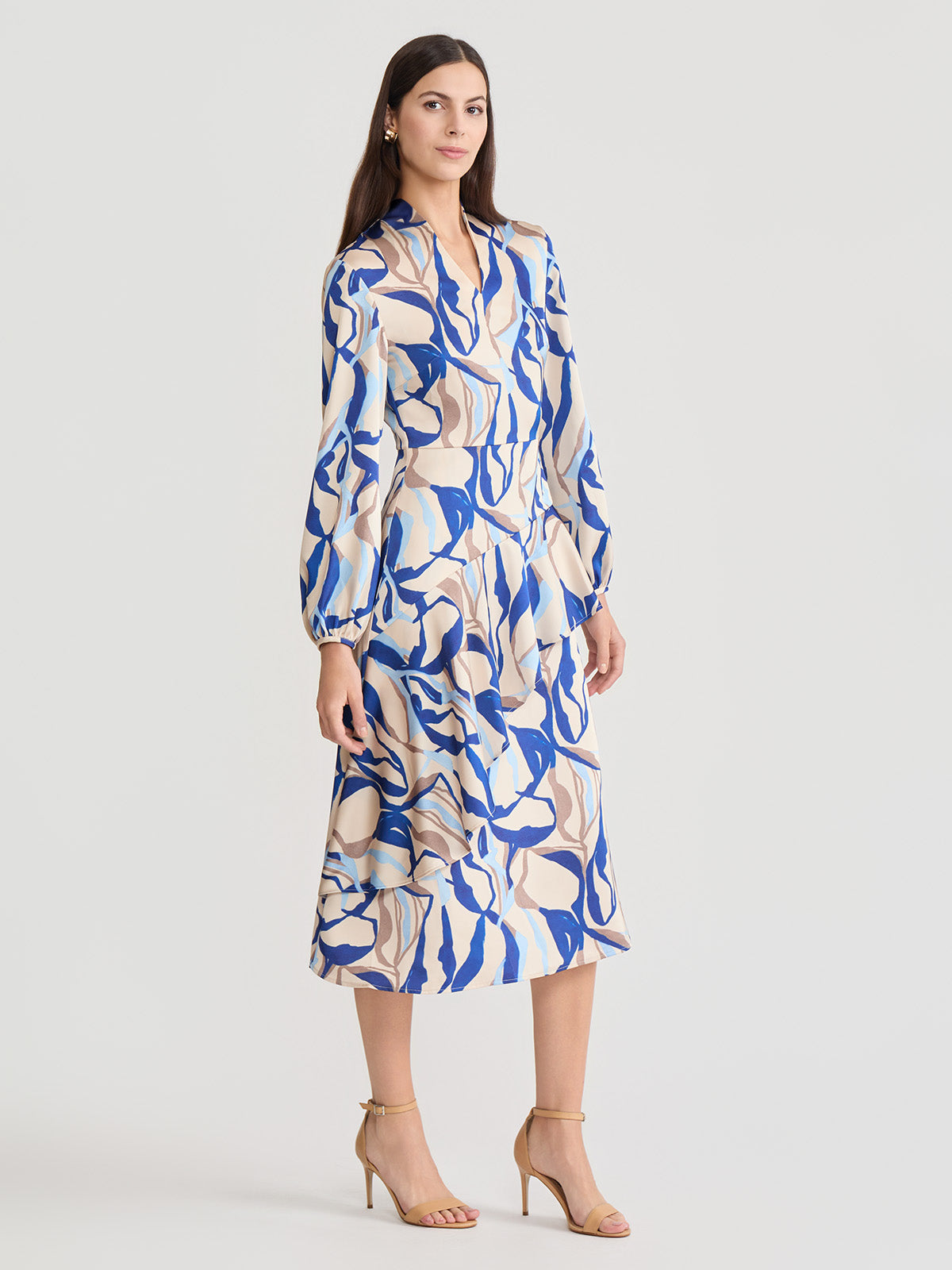 Fit & Flare Printed Crepe de Chine Ruffle Maxi Dress