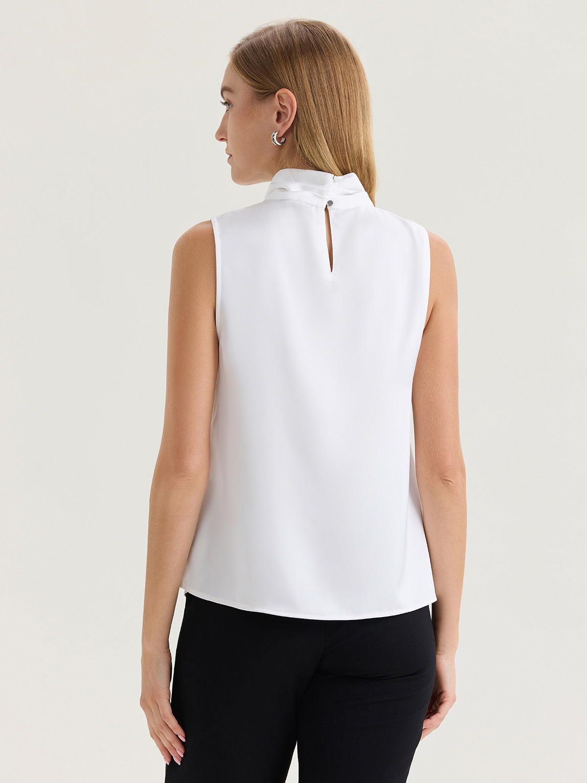 Short Tie-Neck Sleeveless Crepe de Chine Blouse