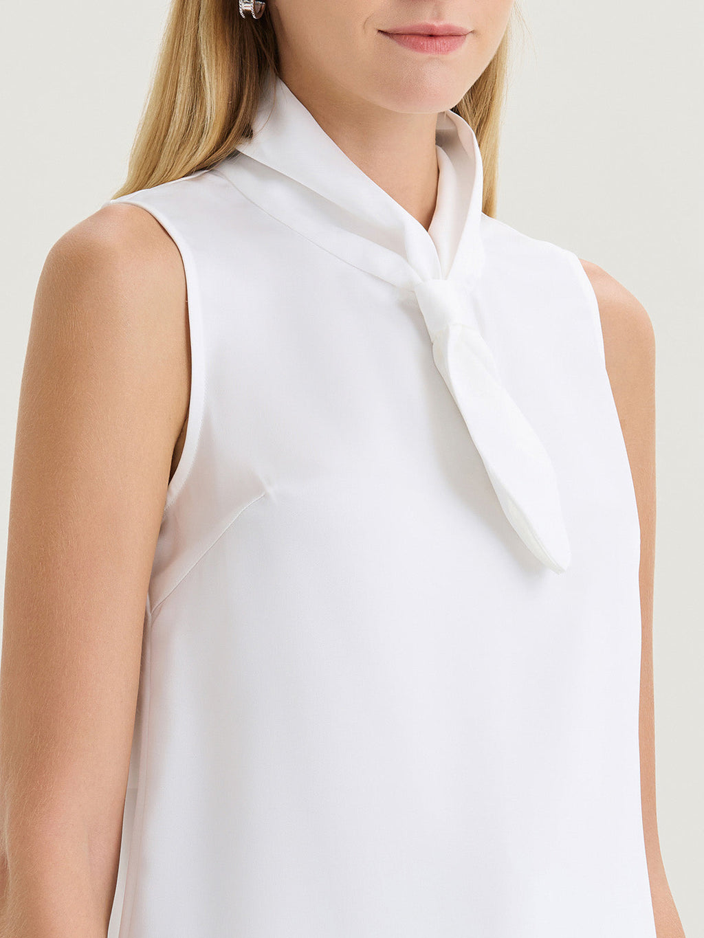 Short Tie-Neck Sleeveless Crepe de Chine Blouse