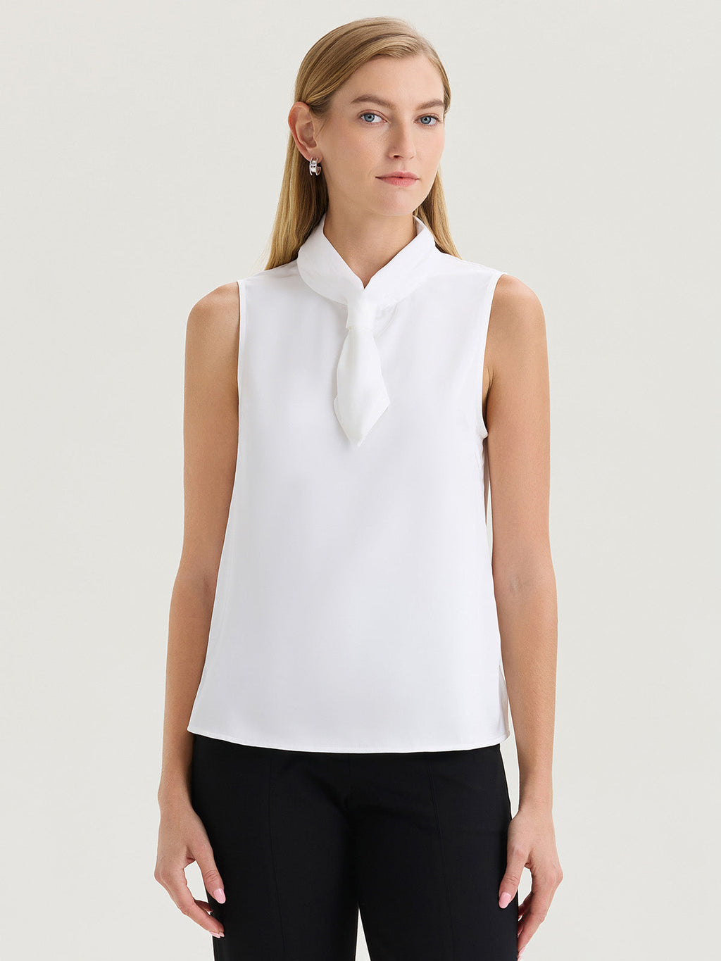 Short Tie-Neck Sleeveless Crepe de Chine Blouse