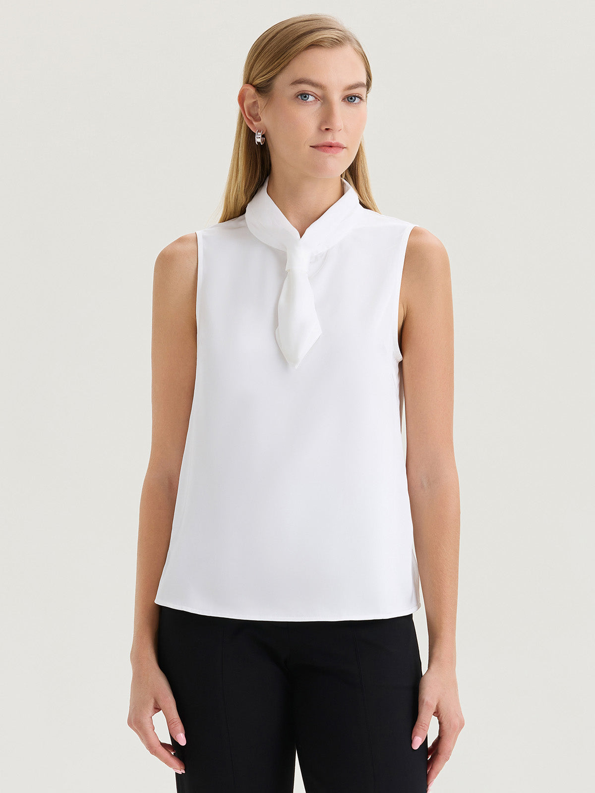 Short Tie-Neck Sleeveless Crepe de Chine Blouse