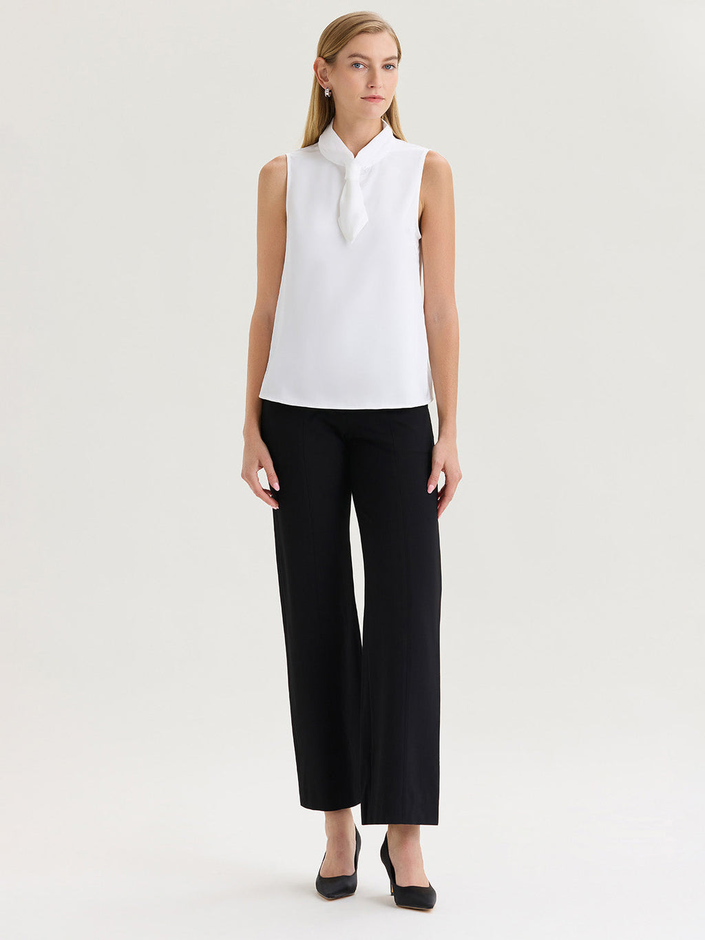 Short Tie-Neck Sleeveless Crepe de Chine Blouse
