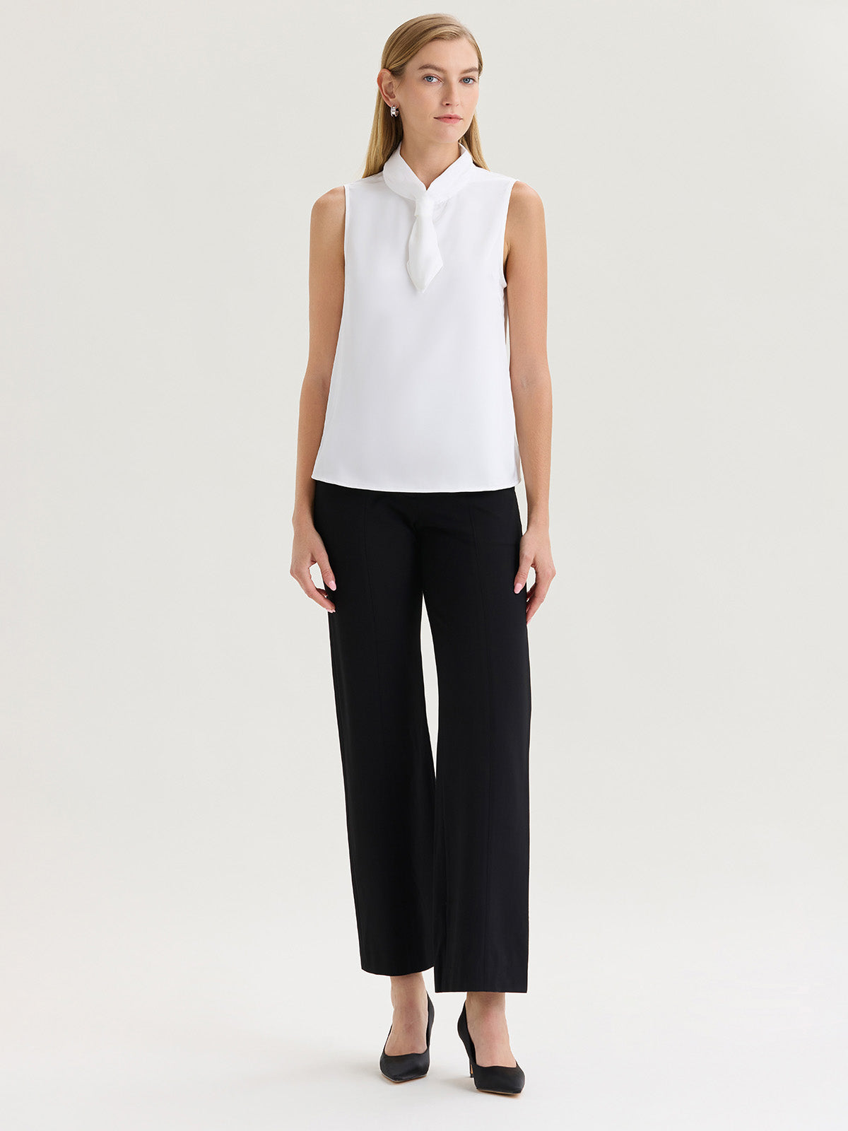 Short Tie-Neck Sleeveless Crepe de Chine Blouse