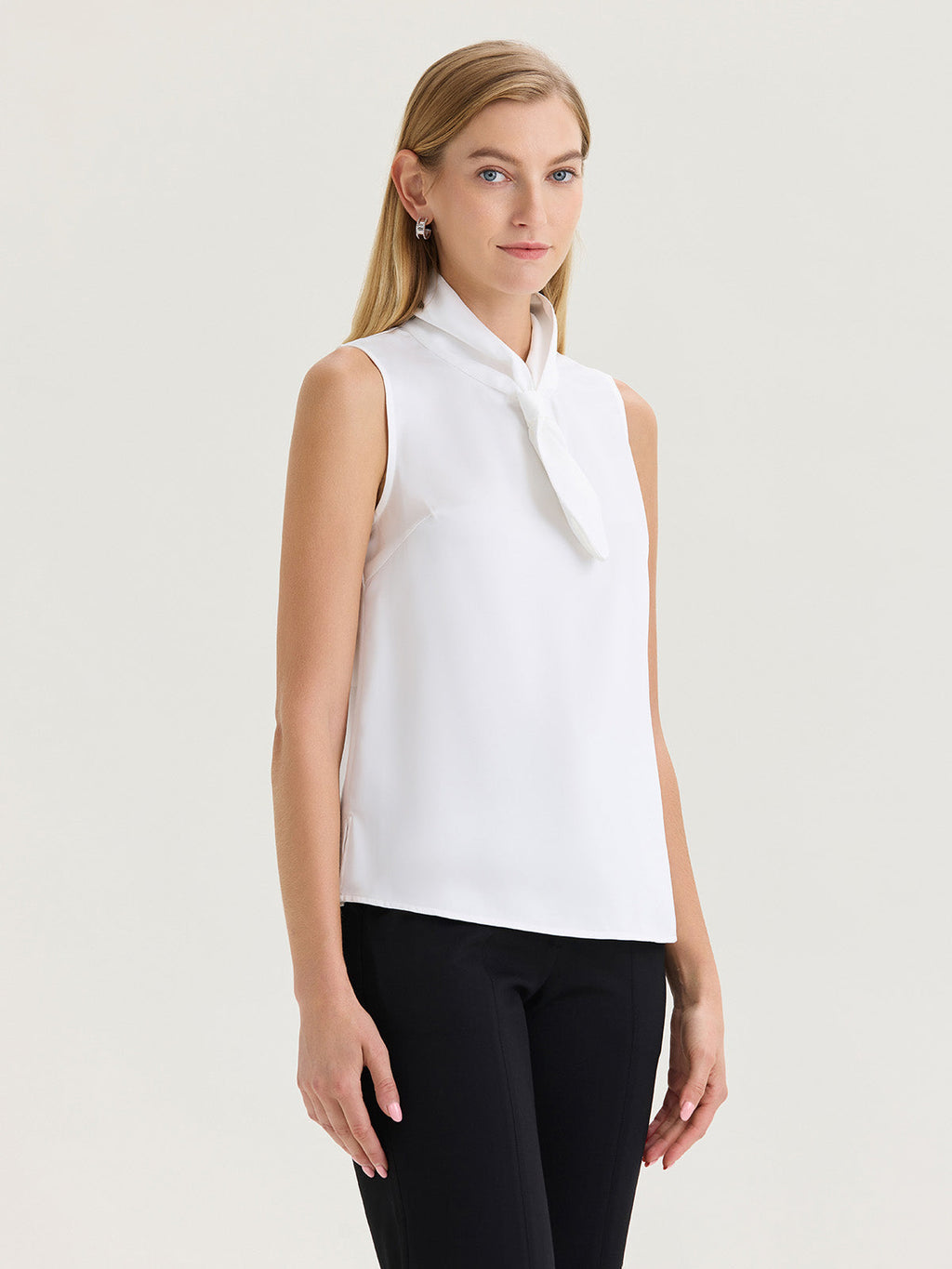 Short Tie-Neck Sleeveless Crepe de Chine Blouse