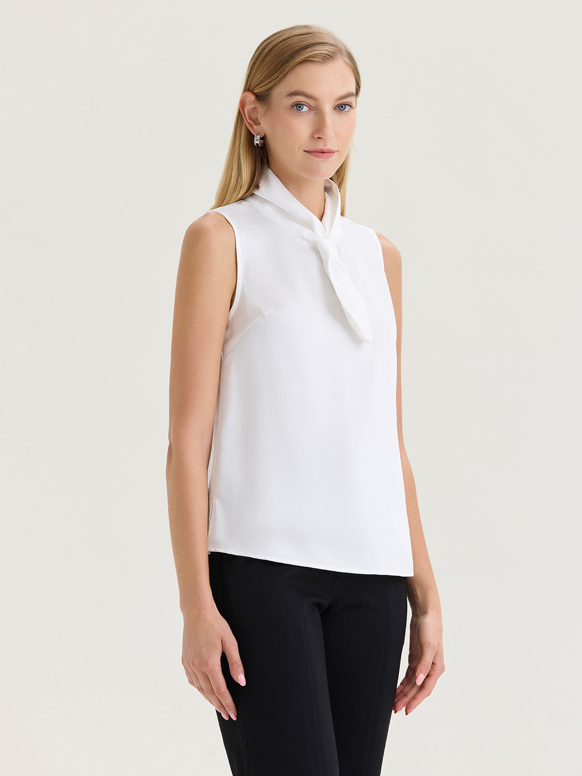 Short Tie-Neck Sleeveless Crepe de Chine Blouse