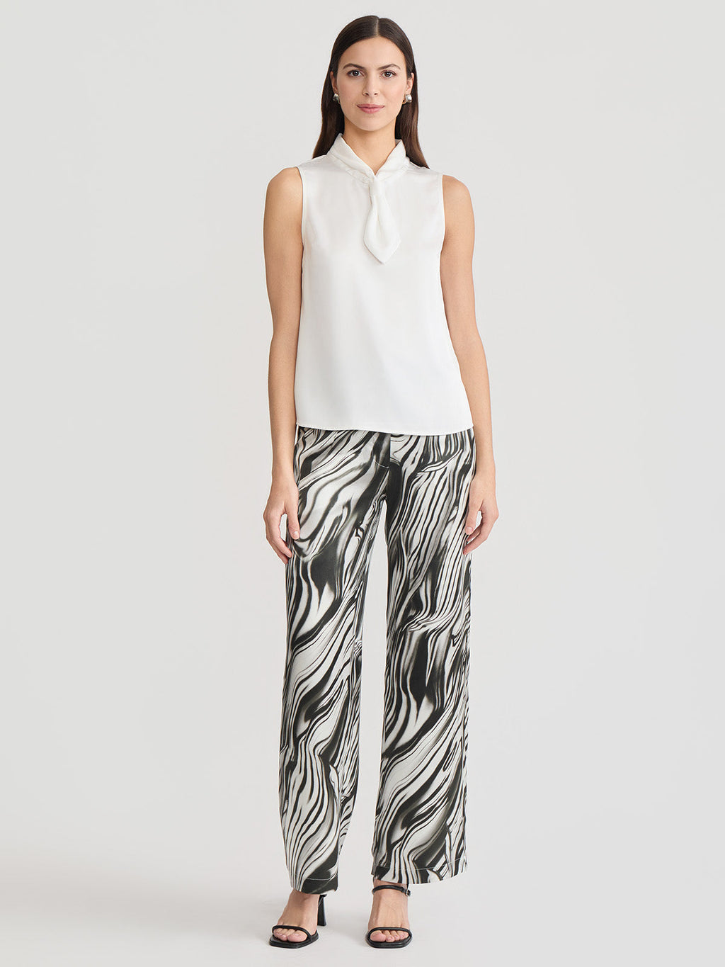 Short Tie-Neck Sleeveless Crepe de Chine Blouse