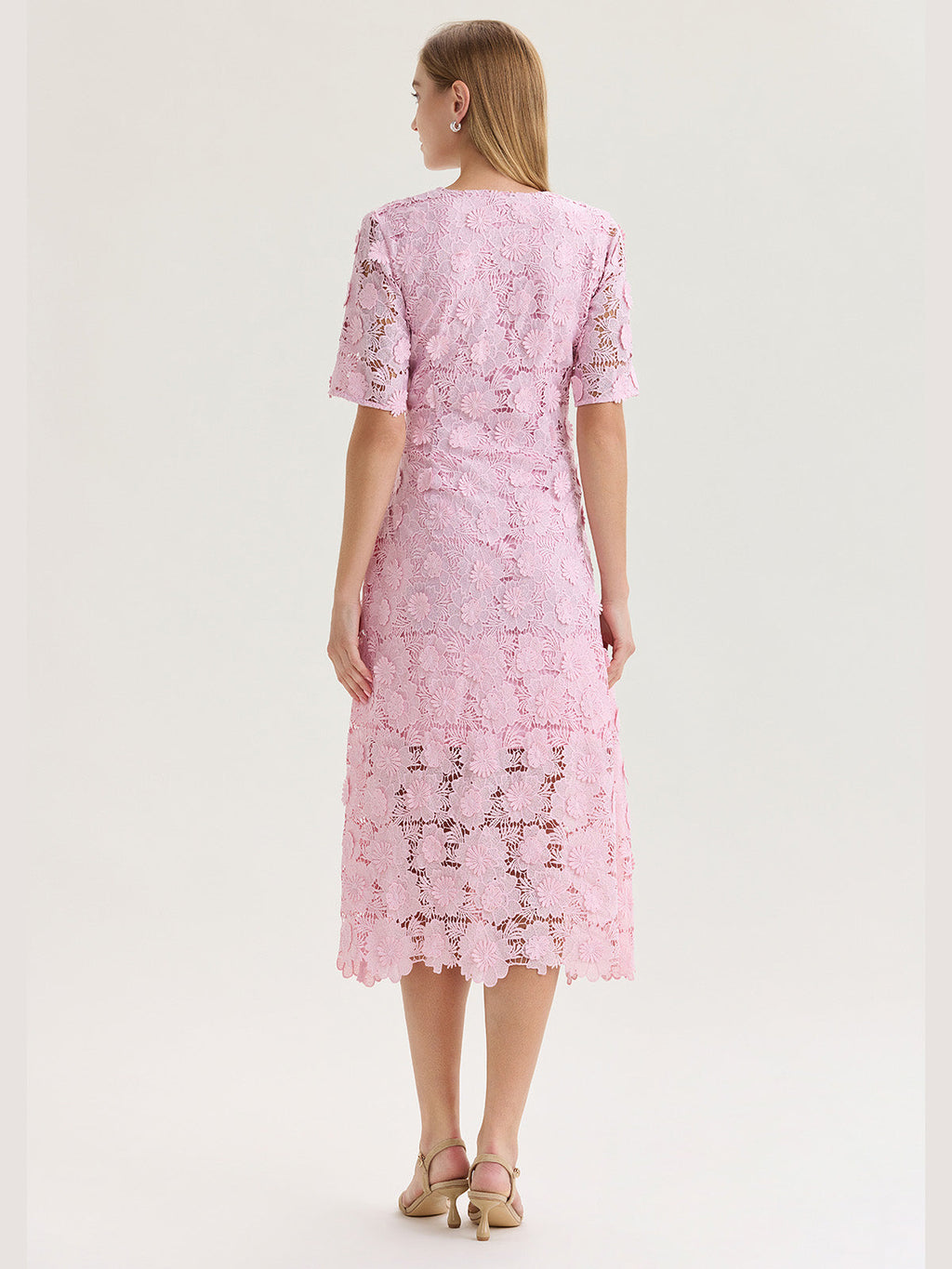 Lined Floral Lace Applique Woven Midi Dress